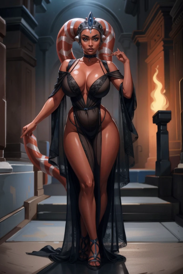 Sultry Red Skin Twi'lek with huge breasts wearing a black nightgown, crown, huge breasts, slim hips, small waist, full-body shot