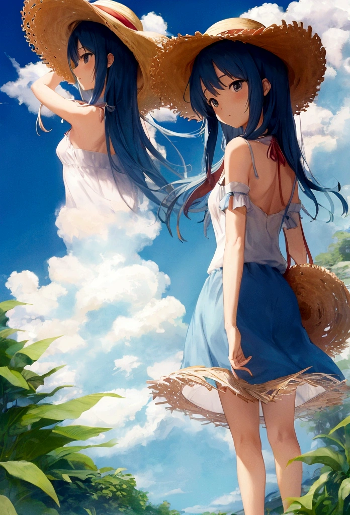 Ghibli Straw hat girl Back view Summer sky