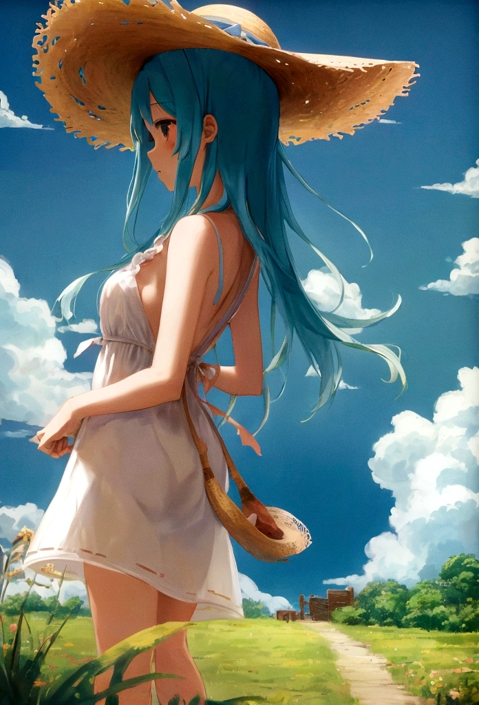Ghibli Straw hat girl Back view Summer sky