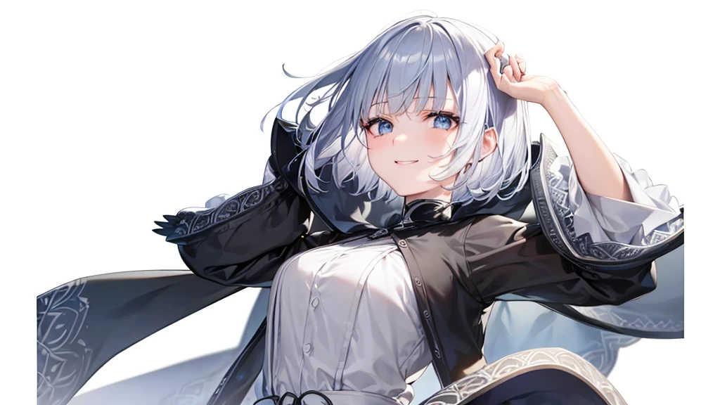 Ultra HD,Look at the viewers, Put your hands behind your back, With a girl, 20-year-old, 非常にShort Hair, Long bangs ween the eyes, Pale blue eyes, hoodie, skirt , Very detailed,(masterpiece、Highest quality),Gray Hair、Laughter、Fantastic, Silver Hair, Iris, Short hair、 Fluttering Hair、Small Face、明るいsmile、(Detailed face) ,Professional Lighting,Wonderful landscape,blue sky, sunlight,Looking down from above,Portraiture、Open your mouth、Flower Field、Her eyes were shining、Mysterious and enchanting atmosphere。With AI Painting、とてもShort Hair, Long bangs betn the eyes, Very detailed,(masterpiece、Highest quality)、alone、Gray Hair、Fantasy, Silver Hair, Fantasyな風景、White shirt、smile、Open your mouth、short hair、Short Hair、hairpin、black eye、Grey Eyes、Beautiful Eyes、
