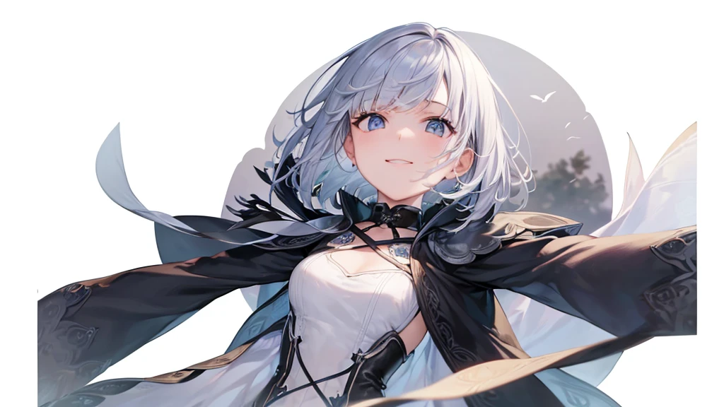 Ultra HD,Look at the viewers, Put your hands behind your back, With a girl, 20-year-old, 非常にShort Hair, Long bangs between the eyes, Pale blue eyes, hoodie, skirt , Very detailed,(masterpiece、Highest quality),Gray Hair、Laughter、Fantastic, Silver Hair, Iris,  Short hair、 Fluttering Hair、Small Face、明るいsmile、(Detailed face) ,Professional Lighting,Wonderful landscape,blue sky, sunlight,Looking down from above,Portraiture、Open your mouth、Flower Field、Her eyes were shining、Mysterious and enchanting atmosphere。With AI Painting、とてもShort Hair, Long bangs between the eyes, Very detailed,(masterpiece、Highest quality)、alone、Gray Hair、Fantasy, Silver Hair, Fantasyな風景、White shirt、smile、Open your mouth、short hair、Short Hair、hairpin、black eye、Grey Eyes、Beautiful Eyes、