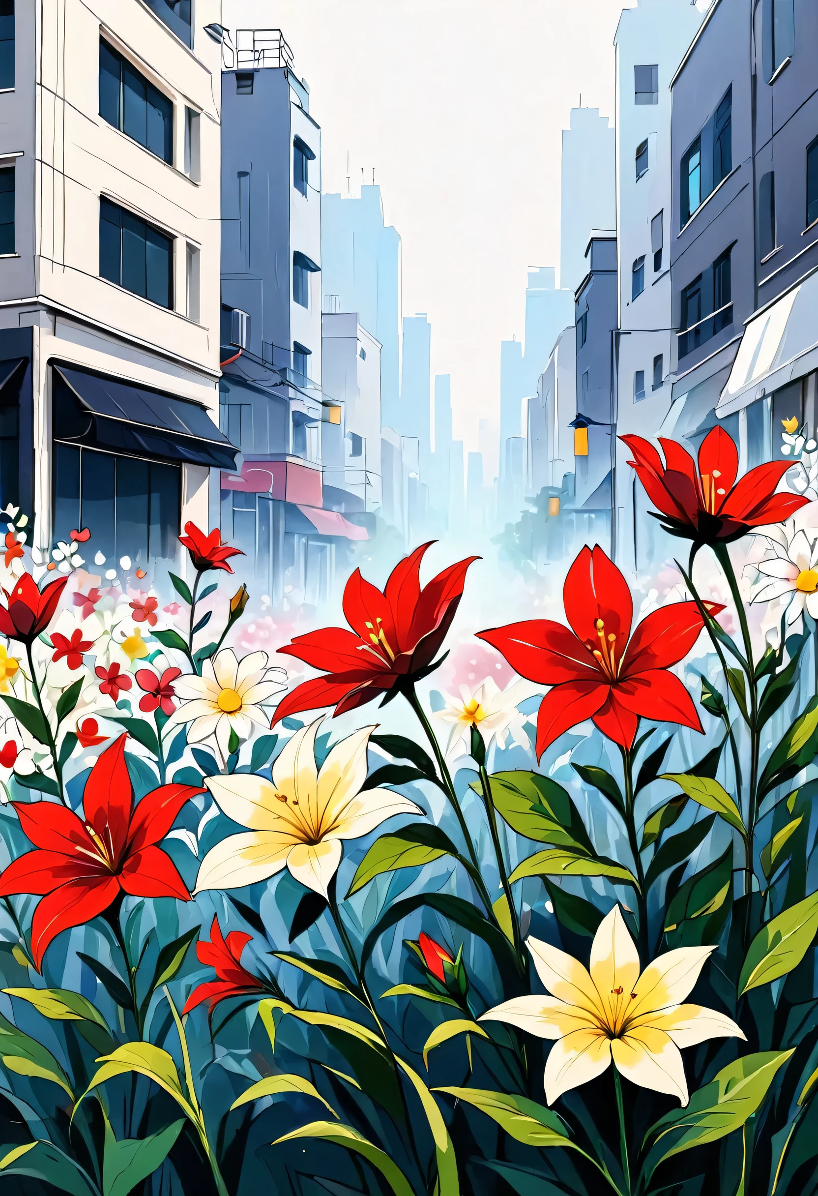 Black Star Red and White style, Simple Line Initialism,Abstract art,Urban Background, colorful flowers, no people