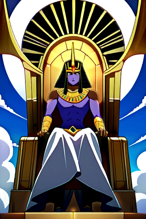 Strong egyptian king , sitting on throne comprised of clouds , front perspective , anime 