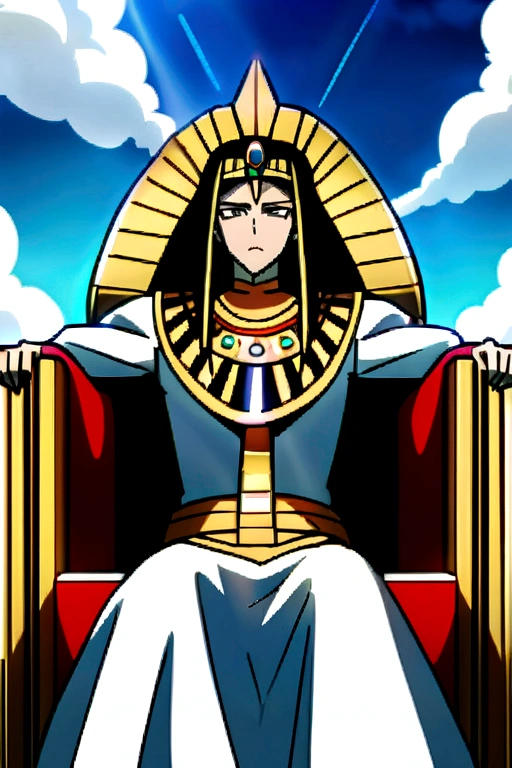 Strong egyptian king , sitting on throne comprised of clouds , front perspective , anime