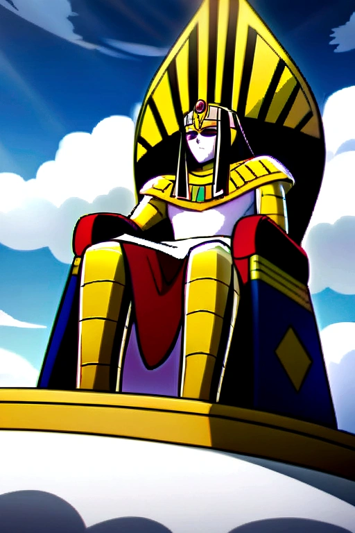 Strong egyptian king , sitting on throne comprised of clouds , front perspective , anime