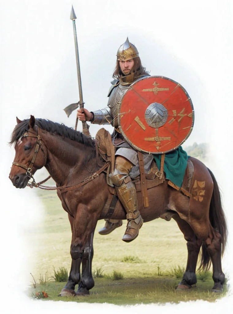 and a highly realistic image of a Frankish knight mounted on a horse. The knight must be holding a spear in one hand and a shield in the other. Make sure the weapon details, armor and horse are accurate and historically correct. Lighting should be natural and highlight the details of the scene. Finish the image with post-production that adjusts colors and composition for a stunning, realistic final result