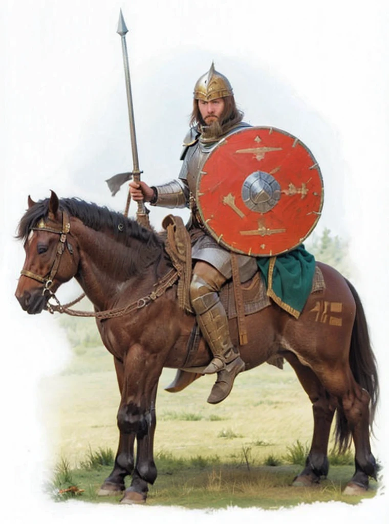 and a highly realistic image of a Frankish knight mounted on a horse. The knight must be holding a spear in one hand and a shield in the other. Make sure the weapon details, armor and horse are accurate and historically correct. Lighting should be natural and highlight the details of the scene. Finish the image with post-production that adjusts colors and composition for a stunning, realistic final result