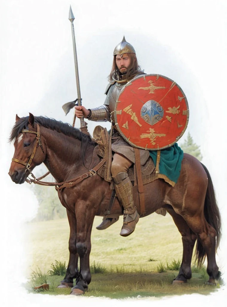 and a highly realistic image of a Frankish knight mounted on a horse. The knight must be holding a spear in one hand and a shield in the other. Make sure the weapon details, armor and horse are accurate and historically correct. Lighting should be natural and highlight the details of the scene. Finish the image with post-production that adjusts colors and composition for a stunning, realistic final result
