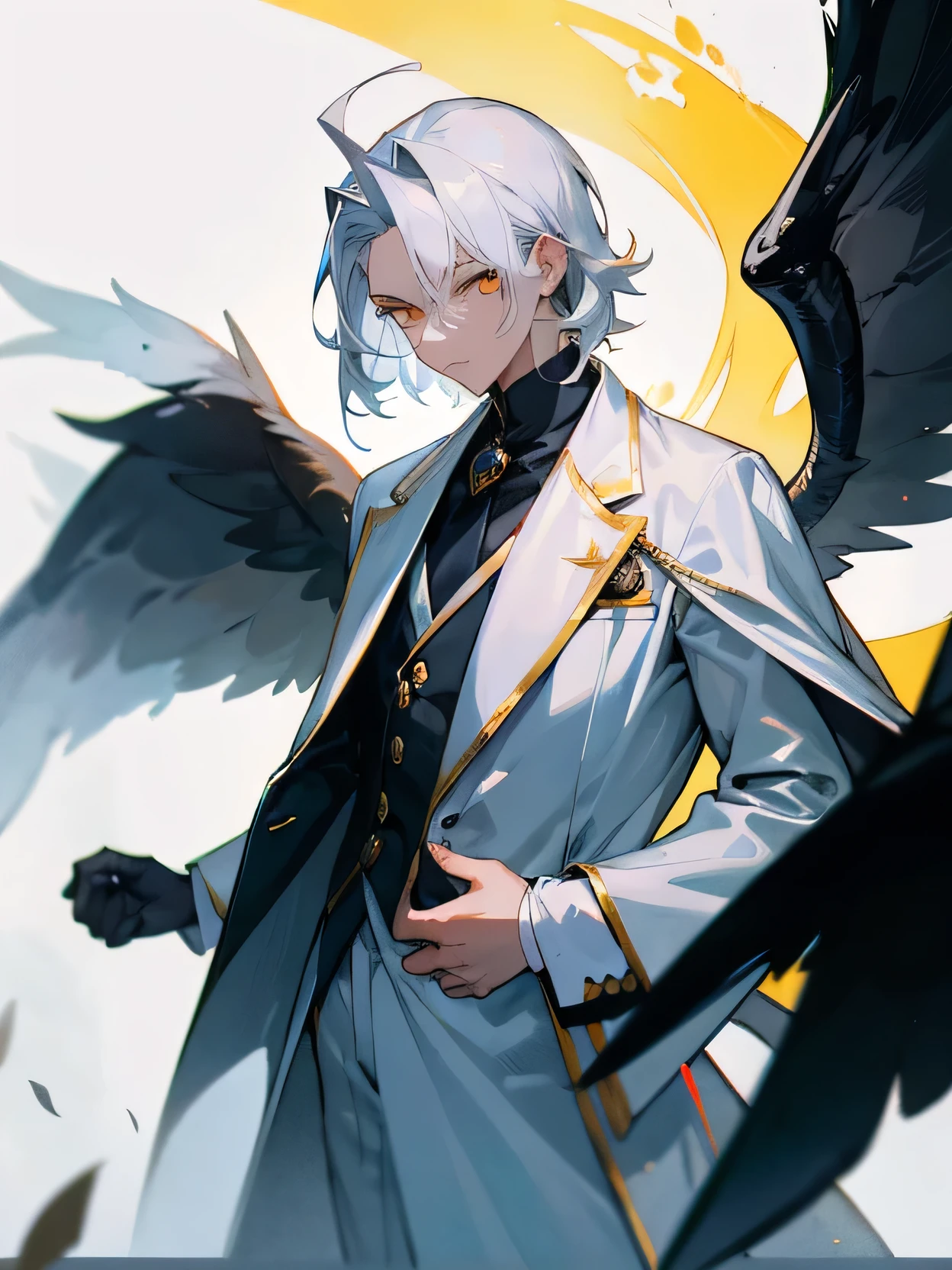 1boy, medium silver hair, golden eyes, wearing white suit, black long overcoat,10 black wings,10 black horn, historical city, historic mension, high res, ultrasharp, 8K, masterpiece, looking at viewer