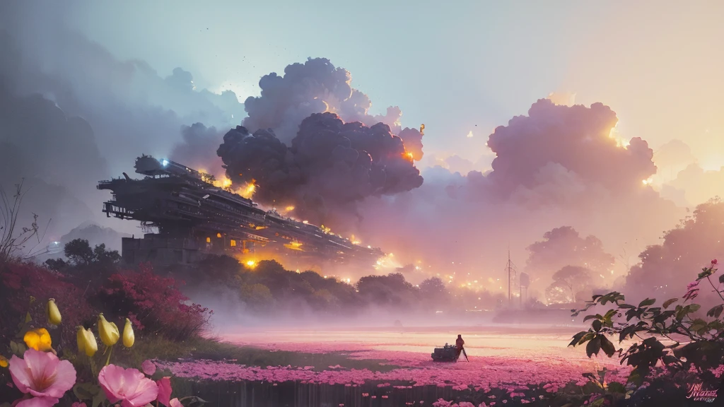 32k, Masterpiece, Highest quality, One girl, Brown Hair, Detailed eyes, flower,sweet pea, Pink and yellow style,A dreamy, romantic piece,Pale pink, Mysterious Leaves,A playful arrangement,Fantasy,High Contrast,Ink strokes,explosion,Exposure, Impression of pink and yellow tones,Abstract,((Watercolours by John Berkey and Jeremy Mann )) Brush strokes,Negative Space, Tyndall effect, White background