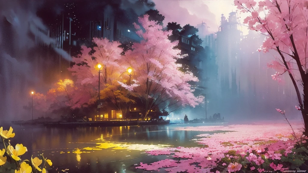 32k, Masterpiece, Highest quality, One girl, Brown Hair, Detailed eyes, flower,sweet pea, Pink and yellow style,A dreamy, romantic piece,Pale pink, Mysterious Leaves,A playful arrangement,Fantasy,High Contrast,Ink strokes,explosion,Exposure, Impression of pink and yellow tones,Abstract,((Watercolours by John Berkey and Jeremy Mann )) Brush strokes,Negative Space, Tyndall effect, White background