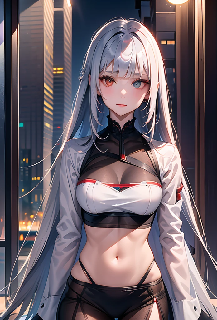 1girl, long hair, red left eye, grey right eye, straight silver hair, strictly straight bangs, hime hairstyle, blunt bangs,((( long straight hair))),((( red back lighting))), heterochromia eyes, streetwear, crop top, city, Europe, water, neon, lights, glow, colourful, night, starry sky, sci fi, absurdres, high res, ultrasharp, 8k, masterpiece