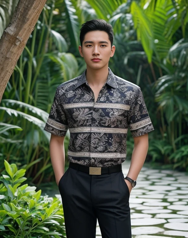 An Araf man stands on the beach with the sunset in the background.., portait photo Profile pictureture, Profile picture, Cleans the wide surface of the face.,  cute young man, headshot Profile pictureture, handsome man, Handsome and charming, Very charming and beautiful, Close-up of a Southeast Asian man with a round face.., black eyes, staring at the viewer, morning sun, ((face details)), Double eyelids, realistic, Masterpiece, Highest quality, lens flare, shade, [[Chromatic aberration, digital painting, 8K, 45,000,000,000 pixels,, t-shirt, short hair, black eyes,abdominal muscles, The body is beautiful and strong..,, (digital painting, HDR, high contrast