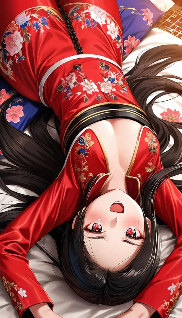 8k Tragic historical drama in live-action style: Beautiful palace secrets　Beautiful Chinese 10 year old kung fu girl with long black hair gets fucked by demon king　Gorgeous embroidery, Ultra glossy, She is wearing a shiny red long-sleeved floral kung fu suit....　　She cries loudly and is made to lie on a floral futon and has a penis inserted into her　She spreads her legs wide