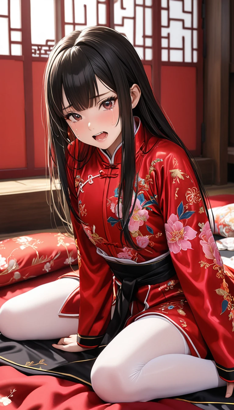 8k Tragic historical drama in live-action style: Beautiful palace secrets Beautiful Chinese 10 year old kung fu girl with long black hair gets fucked by demon king Gorgeous embroidery, Ultra glossy, She is wearing a shiny red long-sleeved floral kung fu suit.... She cries loudly and is made to lie on a floral futon and has a penis inserted into her She spreads her legs wide