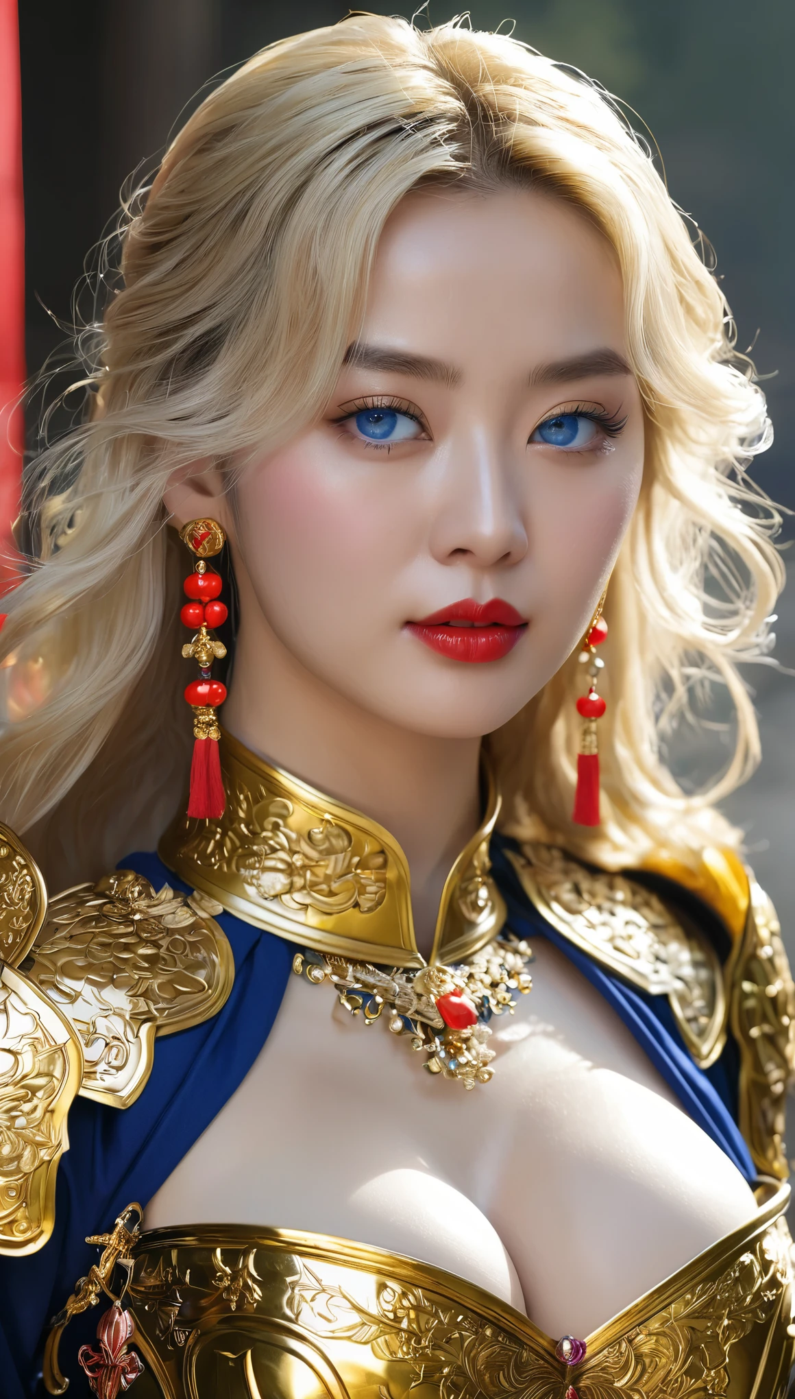 masterpiece,Highest quality,wonderful,(womanの騎士_woman:1),(Golden Armor:1.3), (35歳のwoman戦士:1.3),、(((Big and ample breasts))),,,,Hyper Real,中世ヨーロッパの都市のbattlefieldにいる,Expressionless,、イギリス人woman、Delicate skin texture to the smallest detail 、(Detailed blue eyes)、(Chubby body type))、(Very large breasts)、中年woman、(ふわふわblondeの長い髪)、Sunburned skin、(blonde)、woman騎士、(((Big cleavage)))、Richly decorated gold armor、中世のwoman騎士、Golden long boots with flashy decorations、Pure gold and jewellery necklaces and collars、Big gold earrings、Bright red lips、Dressed in luxurious gold armor、Gold Long Gloves、He has a big long sword、The sword is ornately decorated..........................、The blade is pitch black、(woman騎士)、(battlefield)、