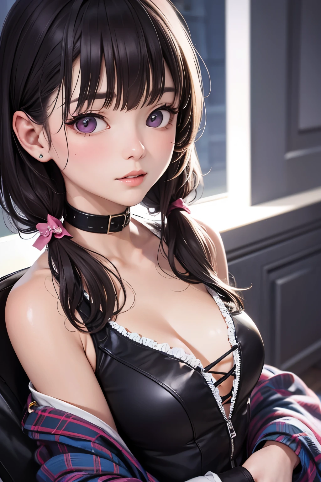 masterpiece, best quality, highly detailed, high resolution, expensive resolution, high resolution, 4K, 8k, Unity 8k wallpaper, highly detailed CG, masterpiece, 2D, 3D, beautiful details, depth, fine texture, best quality: 1.3, perfect focus, crispy skin, him, very cute, one 20-something girl, before a date with him, enjoying fashion, short twin tails, mole under eye, looking at the viewer, expensive, blush, mole, parted lips, heart, pink eyes, choker