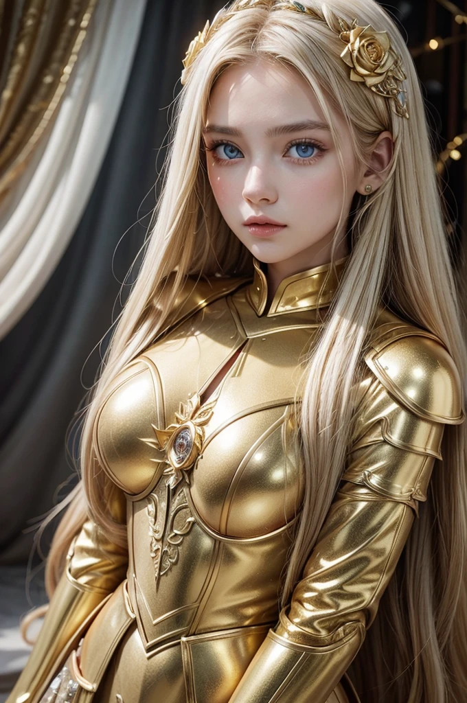 girl , long golden hair , in golden armor with diamonds in the shape of roses , and white eye color with light blue 