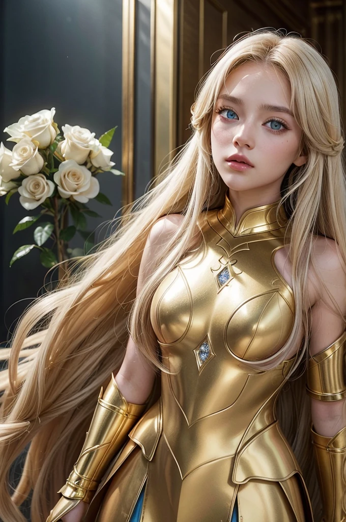girl , long golden hair , in golden armor with diamonds in the shape of roses , and white eye color with light blue