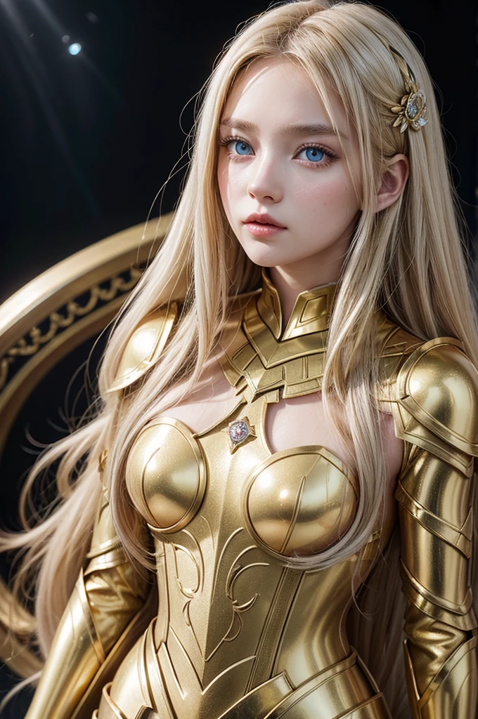 girl , long golden hair , in golden armor with diamonds in the shape of roses , and white eye color with light blue