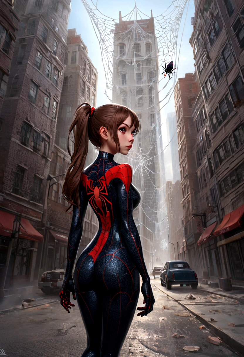 (masterpiece, best quality), intricate details, 8k, artstation, wallpaper, official art, splash art, sharp focus,, 1girl, long hair, twin tails, red eyes, brown hair, , spider suit, spider web printing, spider web, , skyscrapers, city, buildings, cars, street,