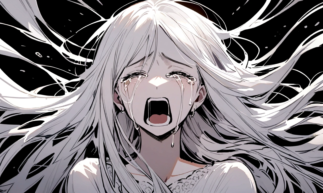 black and white drawing, black background, detailed face, beautiful woman 1, white long straight hair, white hair, wearing a white dress, crying expression, cry, shout