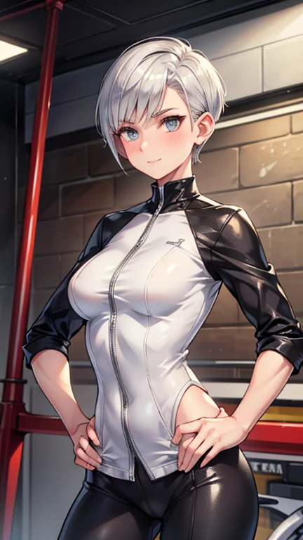 Adult features Boyish Woman Pixie Cut I slicked my hair back. Silver Hair Smile triumphantly tall Muscular Work clothes Stand in front of the bike Place your hands on your hips