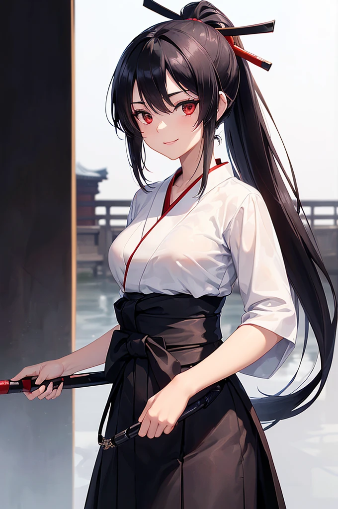 (masterpiece; best quality: 1.2), (finely detailed eyes: 1.3), ((25 year old woman)), ((solo)), (red eyes: 1.4), (body; lithe, slender, femenine: 1.3), (black hair in ponytail: 1.3), (beautiful and clear background: 1.2), ((depth of field)), (clothes: ronin attire + white kosode + black hakama + black sash: 1.3), (anime illustration: 1.2), (background composition; kendo dojo + night time: 1.1), (extremely fine and beautiful: 1.1), (shot composition; standing + centered on torso + close-up: 1.5), (expression; calm, smile: 1.2)