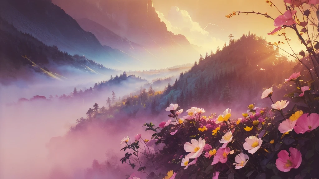 32k, Masterpiece, Highest quality, One girl, Brown Hair, Detailed eyes, flower,sweet pea, Pink and yellow style,A dreamy, romantic piece,Pale pink, Mysterious Leaves,A playful arrangement,Fantasy,High Contrast,Ink strokes,explosion,Exposure, Impression of pink and yellow tones,Abstract,((Watercolours by John Berkey and Jeremy Mann )) Brush strokes,Negative Space, Tyndall effect, White background