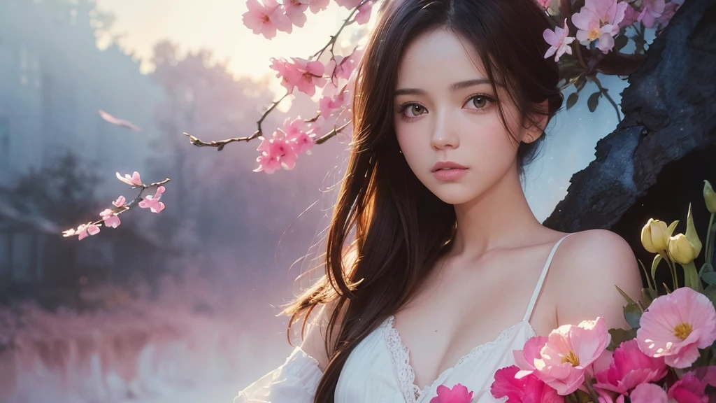 32k, Masterpiece, Highest quality, One girl, Brown Hair, Detailed eyes, flower,sweet pea, Pink and yellow style,A dreamy, romantic piece,Pale pink, Mysterious Leaves,A playful arrangement,Fantasy,High Contrast,Ink strokes,explosion,Exposure, Impression of pink and yellow tones,Abstract,((Watercolours by John Berkey and Jeremy Mann )) Brush strokes,Negative Space, Tyndall effect, White background