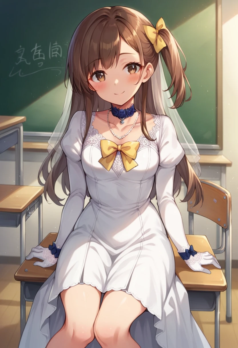 1girl, solo, long hair, looking at viewer, blush, smile, brown hair, long sleeves, bow, brown eyes, twintails, sitting, hair bow, indoors, feet out of frame, one side up, chair, yellow bow, desk, classroom, wristwatch, school desk, chalkboard, wedding dress, lace trim, long dress, lace gloves, juliet sleeves, long sleeves, necklace, choker