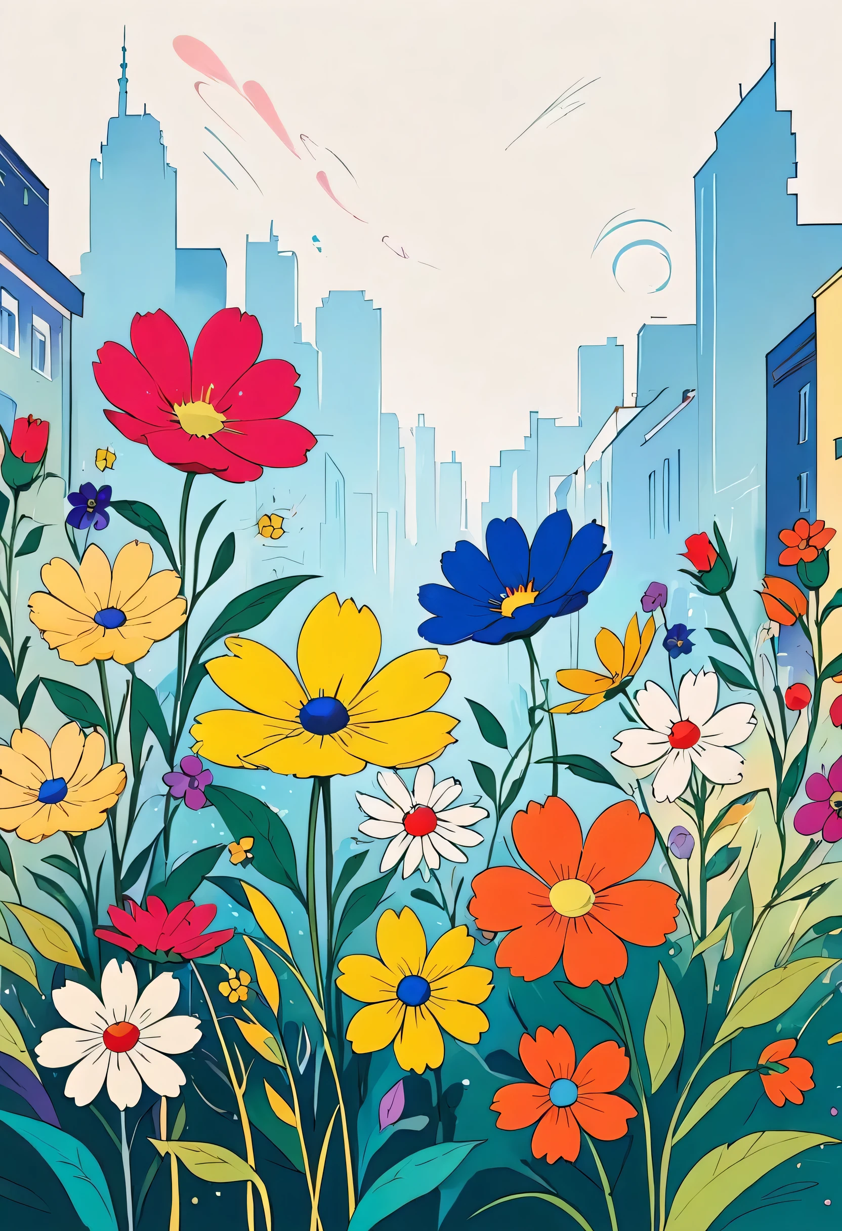 Vasily Kandinsky style, Simple Line Initialism,Abstract art,Urban Background, colorful flowers, no people
