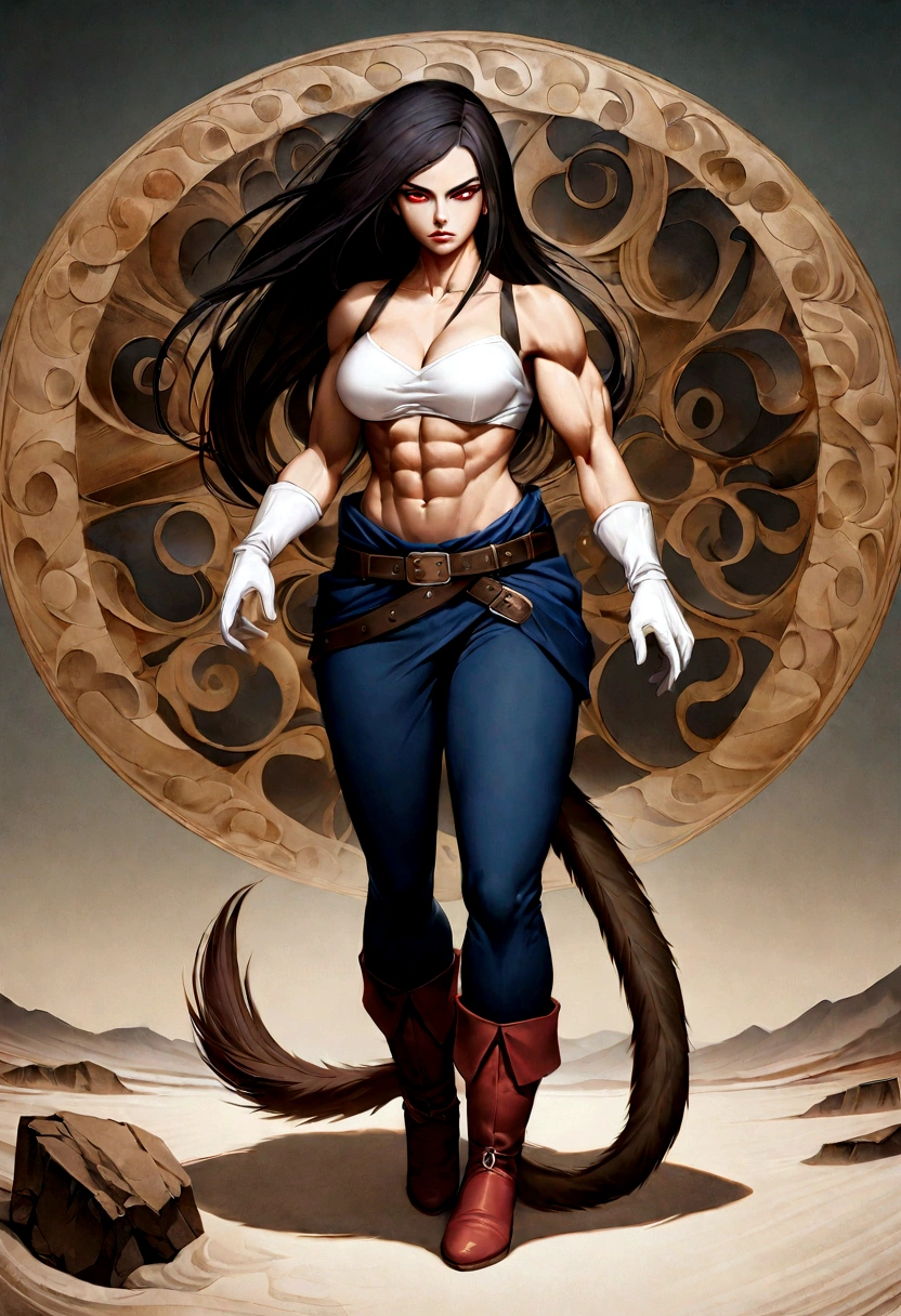 Create a Saiyan woman with long straight dark hair, she has red pupils, and armor that leaves his muscular belly showing, she has medium breasts, and dark blue pants cover his slightly muscular thighs, her boots are white and she has white gloves too, make a brown tail tied around your waist like a belt