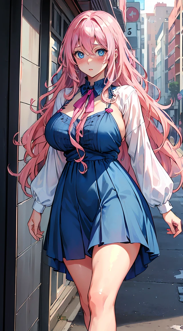 handsome girl,blue-eyes,blue pupils,Long pink hair,Hyperresolution,accuracy,Detailed rendering,(Subtle facial image)(Image of fine hair)(topquality)(Masterpieces of masters)(High degree of completeness)(A sense of atmosphere)tmasterpiece,Super detailed and super detailed(half-body portrait), long wavy pink hair, (((tHICK WAVY HAIR)))(((ANKLE LENGTH HAIR)))(((Blushing)))(((Huge breasts)))(((LARGER BREASTS))) large breasts, bigger breasts (((Bigger breasts))) (((Blushing))) (((Sakimichan))) (((Pink hair))) (((cute outfit)))(((Casual full outfit)))(((Dressed up))) (((Covered up))) (((Casual dress)))