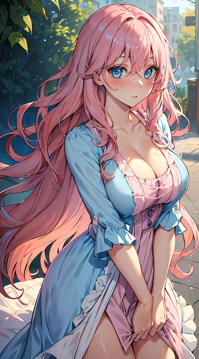 handsome girl，blue-eyes，blue pupils，Long pink hair，Hyperresolution，accuracy，Detailed rendering，（Subtle facial image）（Image of fine hair）（topquality）（Masterpieces of masters）（High degree of completeness）（A sense of atmosphere）tmasterpiece，Super detailed and super detailed（half-body portrait), long wavy pink hair, (((tHICK WAVY HAIR)))(((ANKLE LENGTH HAIR)))(((Blushing)))(((Huge breasts)))(((LARGER BREASTS))) large breasts, bigger breasts (((Bigger breasts))) (((Blushing))) (((Sakimichan))) (((Pink hair))) (((cute outfit)))(((Casual full outfit)))(((Dressed up))) (((Covered up))) (((Casual dress)))