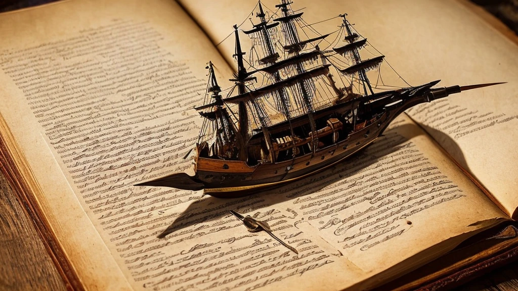 Create a hyperdetailed photorealistic macro image of a feather quill pen writing on a piece of parchment. As the ink touches the page, it transforms into a pirate ship at sea firing its cannons with flames coming from the ship. Across the parchment, write in fancy flowing script 'Treasure Island'