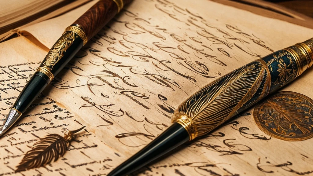 Create a hyperdetailed photorealistic macro image of a feather quill pen writing on a piece of parchment. As the ink touches the page, it transforms into a pirate ship at sea firing its cannons with flames coming from the ship. Across the parchment, write in fancy flowing script 'Treasure Island'