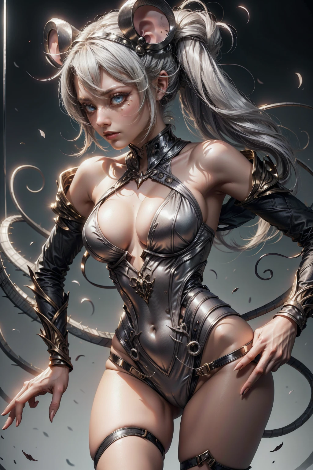 sexy ninja girl, mouse queen, sexy cleavage clothes, pose movement, silver white hair