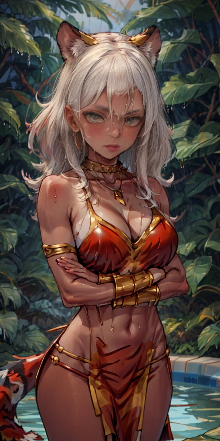 leather collar (Best quality, 4k, Masterpiece :1.3) full body standing symmetrical beautiful woman, hyper realistic, 1girl (drooping breasts, attractive body :1.2) sit-ups :1.1, short red hair: 1.1 (wet rainy, wet by rain, wet body :1.2) ultra-detailed face, detailed lips, detailed eyes, double eyelid, low-necked dress, open neckline, hanging breasts, side pose, visible curves, pool , poolside, red transparent robe, red sunglasses, muscular turned arms behind body, leather collar, golden bracers