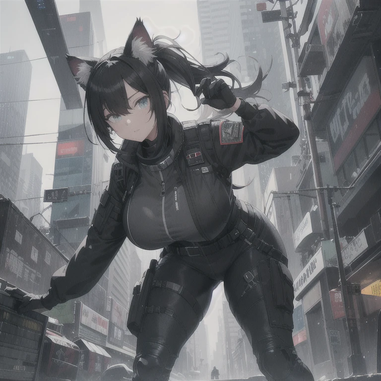 Absurd resolution, high resolution, (masterpiece: 1.4), hyper-detail, full body shot, solo, 1 kemono feline cat woman, humanoid, no skin other than neck and head shown, black hair, messy ponytail, cute face, detailed soft grey luminous eyes, huge massive hyper super swollen heavy breasts, breasts so big that cover her whole torso and are bigger than her head while being so big they reach her belly button, extremely super large swollen perky heavy bust, super huge enormously gigantic tits, gigantic bursting out of her top, inflated breasts, breasts_expansion, super gigantic swollen heavy tits, wide full hips, narrower torso and shoulders, smaller torso, full thicc big soft thighs, thicc thighs, big rounded full soft butt, thicc butt, ruggedized utility styled outfit, fully insulated suit, full body outfit coverage with no skin showing or revealed, airtight/watertight zippers and seals, scifi monochrome black and grey fullbody covering protective padding rugged loose-fitted pilot utility suit, white zipped utility cropped top for breasts support with a black strap horizontal across cleavage worn on top of suit, tactical strategic angular-patterned protective padding on hips and thighs and abdomen, practical/functional clothing, weather-proof durable clothing material, nylon clothing material, custom made clothing to fit and support large breasts, scifi padded rugged rigid high collar techwear jacket, armored high collar, white and black triangular decals and techwear iconography on apparel and clothing, techwear gloves, arm mounted strapped display scifi tablet/communication device/computer, ruggedized tech, ruggedized tech aesthetic, fitted utility pants, utility chaps, near future scifi, cyberpunk aesthetic, anime aesthetic, tactical aesthetic