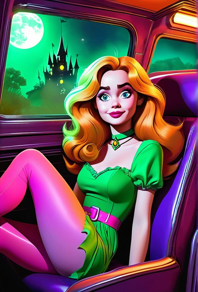 Sabrina Carpenter as Daphne Blake from Scooby-Doo sitting in the mystery machine in the passenger seat. She has orange shoulder length hair. A purple dress with pink pantyhose. A green scarf. And a light purple belt around her waist. It is night time nothing but the Moon is illuminating the scene. She is inside a haunted mansion