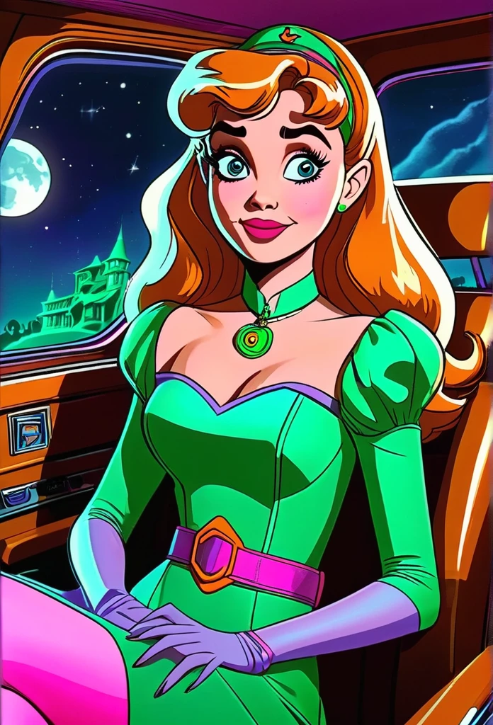 Sabrina Carpenter as Daphne Blake from Scooby-Doo sitting in the mystery machine in the passenger seat. She has orange shoulder length hair. A purple dress with pink pantyhose. A green scarf. And a light purple belt around her waist. It is night time nothing but the Moon is illuminating the scene. She is inside a haunted mansion