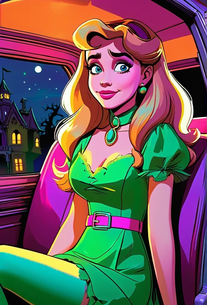Sabrina Carpenter as Daphne Blake from Scooby-Doo sitting in the mystery machine in the passenger seat. She has orange shoulder length hair. A purple dress with pink pantyhose. A green scarf. And a light purple belt around her waist. It is night time nothing but the Moon is illuminating the scene. She is inside a haunted mansion
