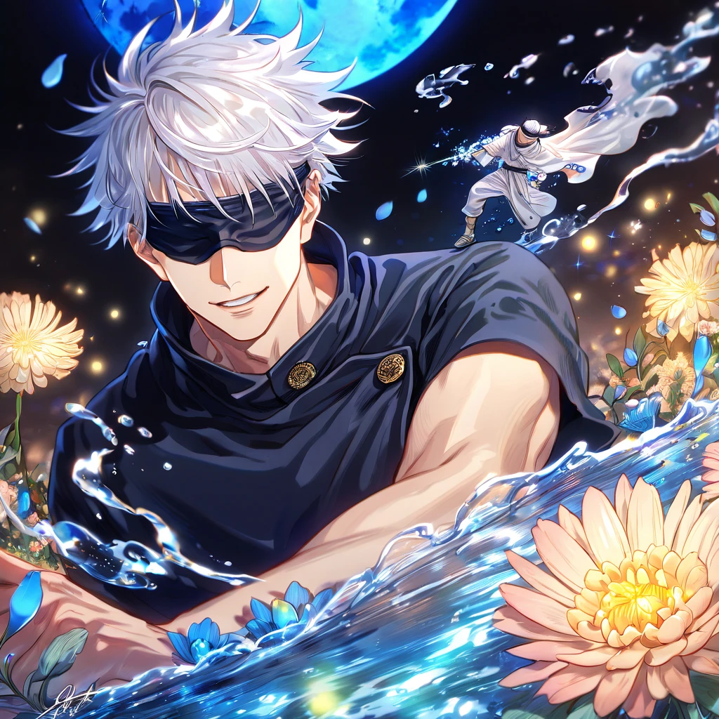 absurdres, highres, ultra detailed, HDR, master piece, Gojou Satoru, white hair, blindfolded eyes, black shirt, Jujutsu Kaisen, man, handsome, best quality, blue moon, flowers, fantasy, magical, solo, water, blue shining fireflies, blue petals, Jujutsu Kaisen uniform, handsome smile