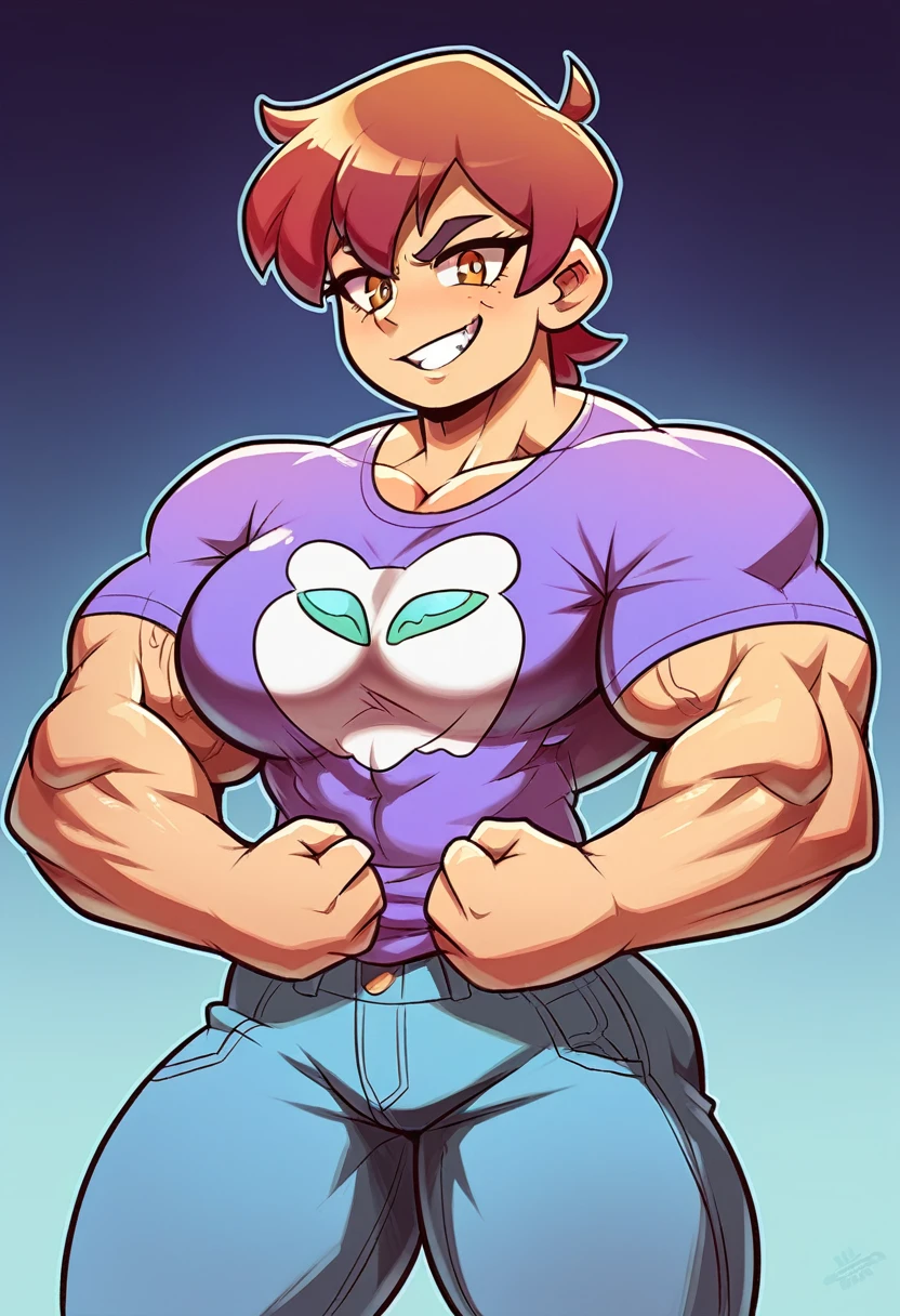 muscle girl with High cheekbones and a strong jawlineflexing muscles wearing purple muscle shirt and light blue jeans, her hair a rich chestnut brown, giving her a dynamic and youthful appearance, muscle woman, big muscles, huge muscles, massive muscles, muscle girl, bronze skin, Her facial features are a mix of determination and kindness, with expressive eyes that radiate a sense of adventure