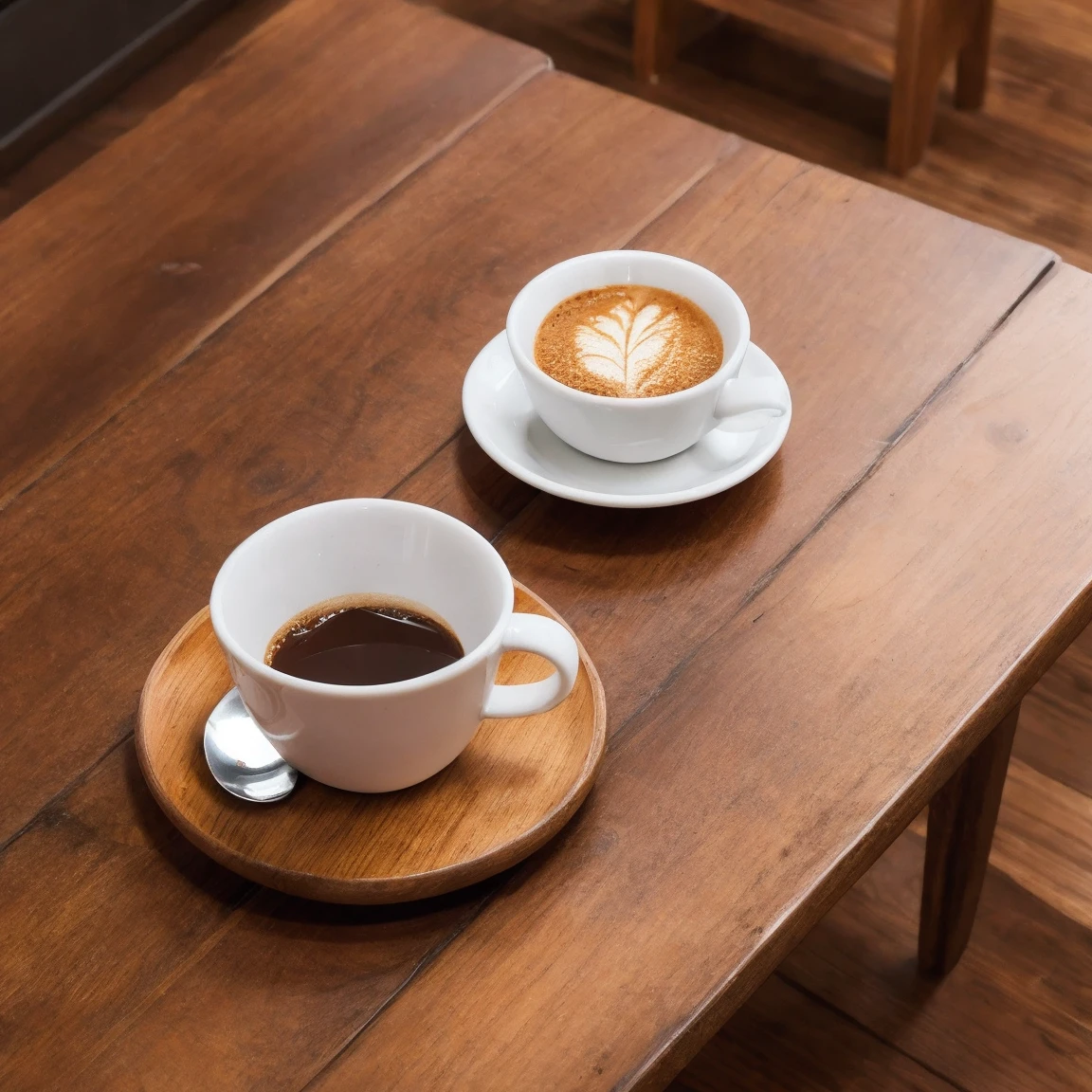 A coffee cup is placed on a wooden plate on a table