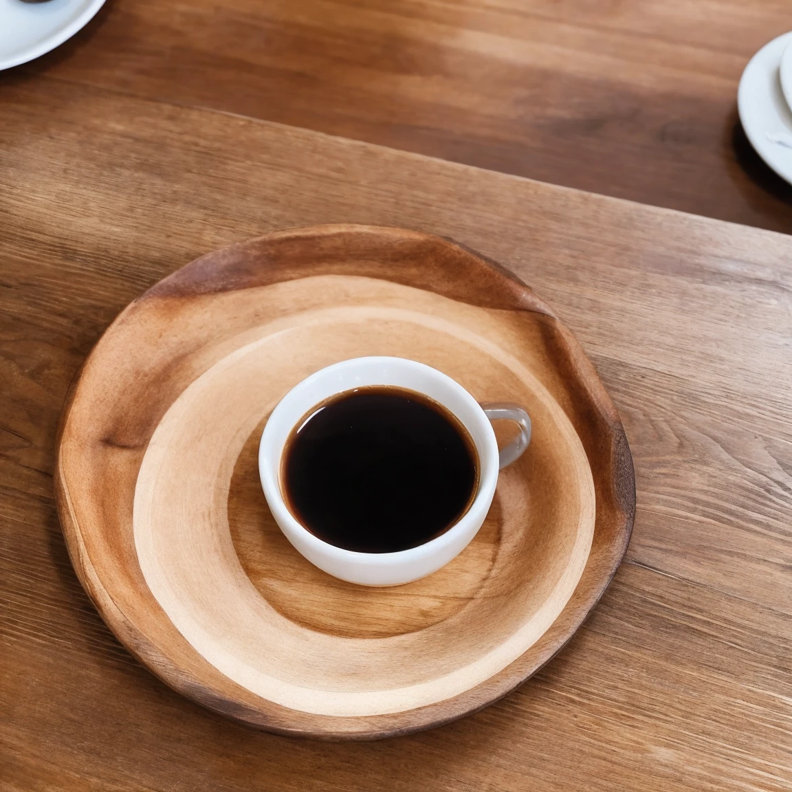 A coffee cup is placed on a wooden plate on a table