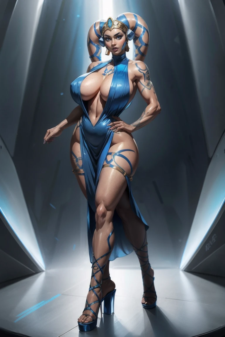 Tall Blue Skin Twi'lek with (huge breasts) wearing a tight short gold cocktail dress, short dress, high neck, sleeveless, (keyhole cleavage), tattoos, huge tits, cleavage, tall, graceful, (tall, long legs), toned, slim hips, small waist, full-body shot