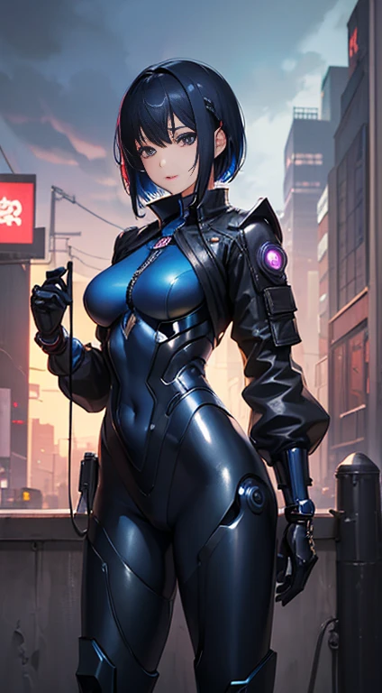 (masterpiece,Highest quality,Ultra-high resolution),Japanese women, (((Very beautiful 12 year old girl))), pretty girl、View Photographer、Front view, ((short hair)), Super cute face, Glossy Lips, Double eyelids on both eyes,A cheerful smile、 Natural Makeup, Long eyelashes, Shiny and smooth hair、Center image, Perfect limbs, Perfect Anatomy,(((Dark blue sexy silk cyberpunk suit)))、((1. Mechanical Girl))