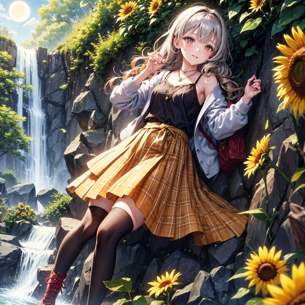 Red, brown, gold, gold hair、Golden Eyes、Hair tied up、One good looking girl、solo、anime、Checkered mini skirt、Ruffles on the skirt、camisole、Lightweight cardigan、school uniform、Black knee-high socks、Wearing a baseball cap、Ribbon、Ribbon on waist、Teeth are visible、Silver coin necklace、From above、Sunflower Tunnel、Cobblestones、waterfall、Have sunflowers、Starry Sky、Midnight Moon、Winding Road、suspension bridge、Soap bubbles are flying、mosquito、beam、ripple